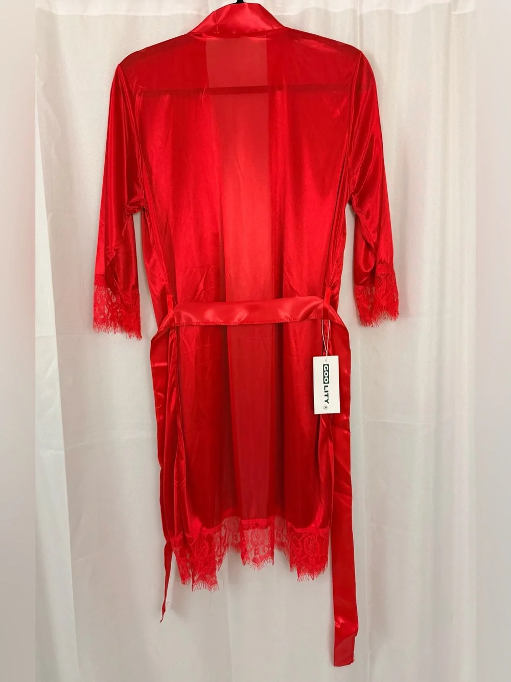 Women's Red Satin Lace Trim Robe - Unbranded